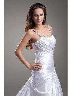 Satin Spaghetti Chapel Train A-line Embroidered Prom Dress