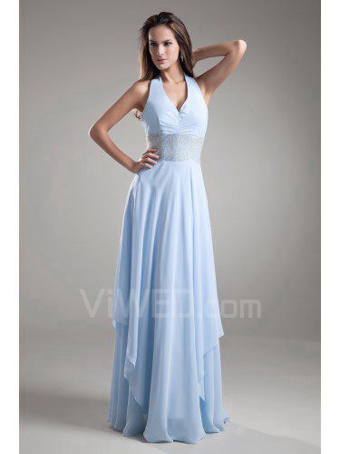 Chiffon V-Neck Floor Length Column Embroidered Prom Dress