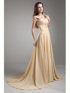 Chiffon Straps Chapel Train Column Bead Prom Dress