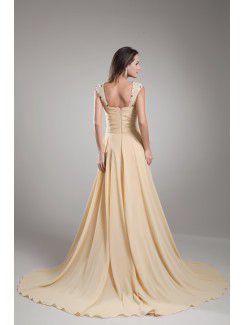 Chiffon Straps Chapel Train Column Bead Prom Dress