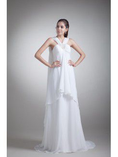 Chiffon Straps Sweep Train Column Embroidered Wedding Dress