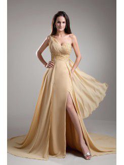 Chiffon One-Shoulder Sweep Train A-line Embroidered Prom Dress