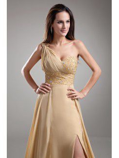 Chiffon One-Shoulder Sweep Train A-line Embroidered Prom Dress