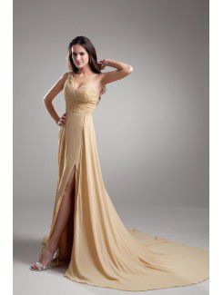 Chiffon One-Shoulder Sweep Train A-line Embroidered Prom Dress