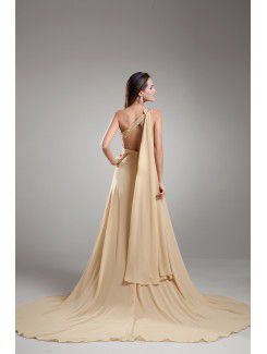 Chiffon One-Shoulder Sweep Train A-line Embroidered Prom Dress