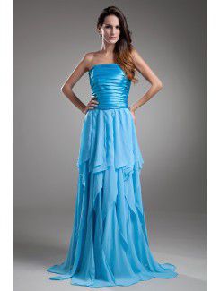 Chiffon Strapless Sweep Train A-line Directionally Ruched Prom Dress