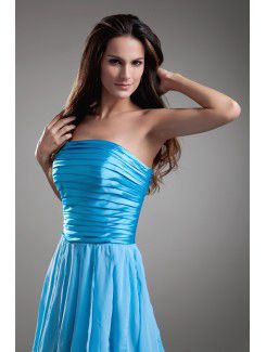 Chiffon Strapless Sweep Train A-line Directionally Ruched Prom Dress