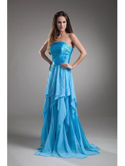 Chiffon Strapless Sweep Train A-line Directionally Ruched Prom Dress