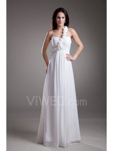 Chiffon One-Shoulder Floor Length Empire Line Hand-made Flowers Prom Dress