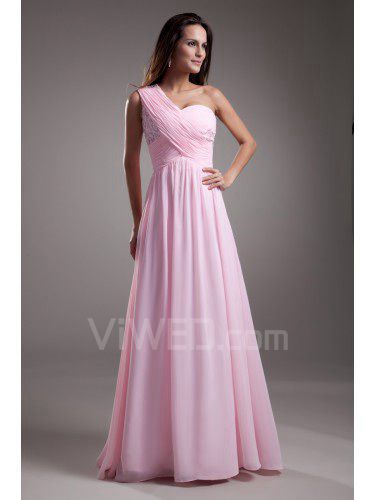 Chiffon One-Shoulder Floor Length A-line Embroidered Prom Dress