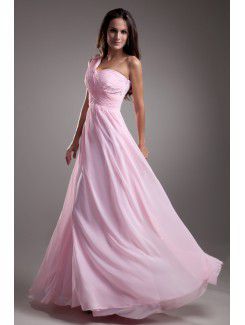 Chiffon One-Shoulder Floor Length A-line Embroidered Prom Dress