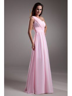 Chiffon One-Shoulder Floor Length A-line Embroidered Prom Dress