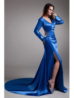 Satin V-Neck Floor Length Sheath Illusion Prom Dress