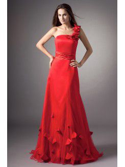 Net One-Shoulder Floor Length A-line Embroidered Prom Dress