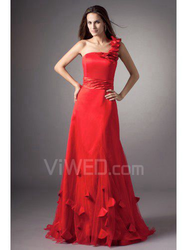 Net One-Shoulder Floor Length A-line Embroidered Prom Dress