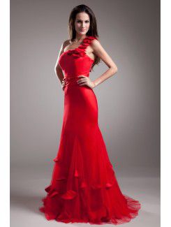 Net One-Shoulder Floor Length A-line Embroidered Prom Dress