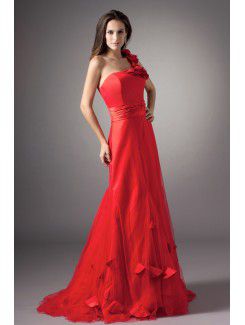 Net One-Shoulder Floor Length A-line Embroidered Prom Dress