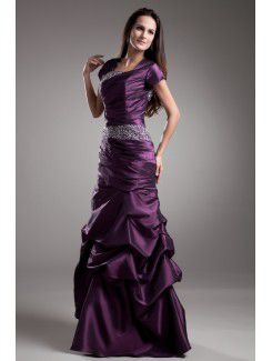 Taffeta Square Floor Length Sheath Short Sleeves Prom Dress