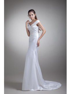 Satin Off-the-Shoulder Floor Length Sheath Wedding Dress