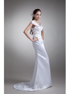 Satin Off-the-Shoulder Floor Length Sheath Wedding Dress