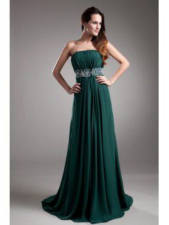 Chiffon Strapless Sweep Train Coloum Embroidered Prom Dress