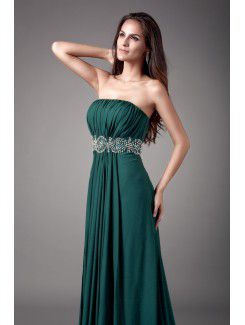 Chiffon Strapless Sweep Train Coloum Embroidered Prom Dress