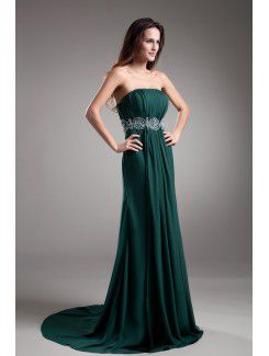 Chiffon Strapless Sweep Train Coloum Embroidered Prom Dress