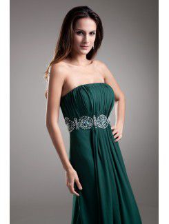 Chiffon Strapless Sweep Train Coloum Embroidered Prom Dress