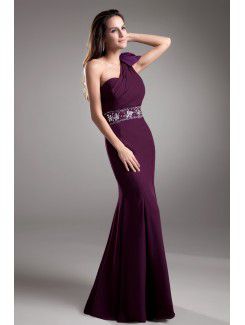 Chiffon One-Shoulder Floor Length Sheath Embroidered Prom Dress