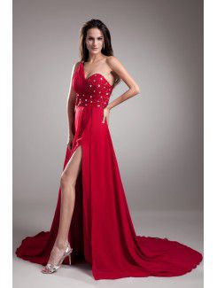 Chiffon One-Shoulder Sweep Train Coloum Embroidered Prom Dress