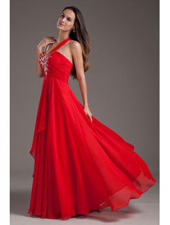 Chiffon One-Shoulder Column Floor Length Embroidered Prom Dress