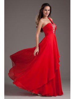 Chiffon One-Shoulder Column Floor Length Embroidered Prom Dress