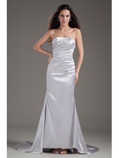 Satin Strapless Sheath Sweep Train Bead Prom Dress