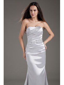 Satin Strapless Sheath Sweep Train Bead Prom Dress