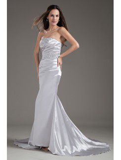 Satin Strapless Sheath Sweep Train Bead Prom Dress