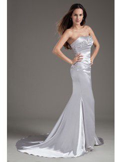 Satin Strapless Sheath Sweep Train Bead Prom Dress