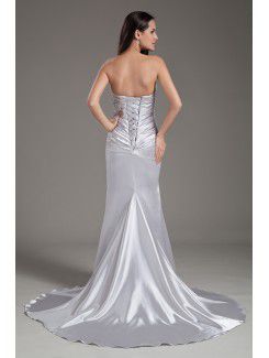 Satin Strapless Sheath Sweep Train Bead Prom Dress