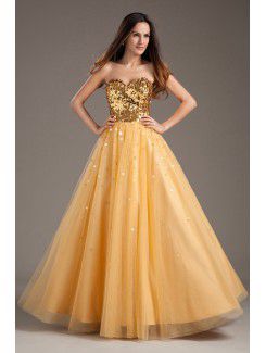 Net and Satin Sweetheart A-line Sweep Train Sequins Prom Dress