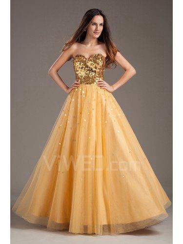 Net and Satin Sweetheart A-line Sweep Train Sequins Prom Dress