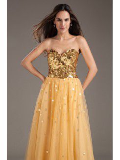 Net and Satin Sweetheart A-line Sweep Train Sequins Prom Dress