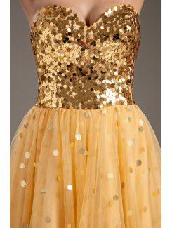 Net and Satin Sweetheart A-line Sweep Train Sequins Prom Dress