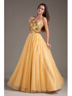 Net and Satin Sweetheart A-line Sweep Train Sequins Prom Dress