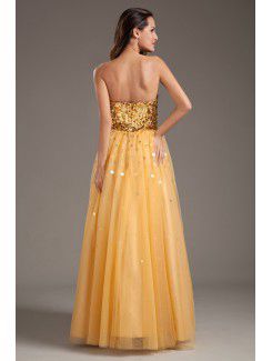 Net and Satin Sweetheart A-line Sweep Train Sequins Prom Dress