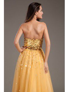 Net and Satin Sweetheart A-line Sweep Train Sequins Prom Dress