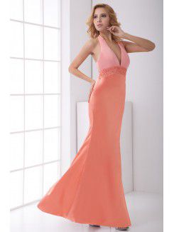 Satin V-Neckline Sheath Floor Length Sequins Prom Dress