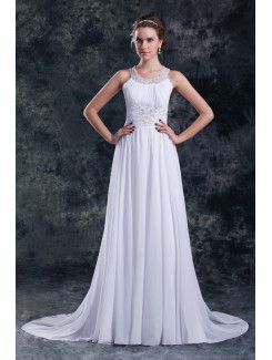 Chiffon Jewel Sweep Train Column Embroidered Wedding Dress