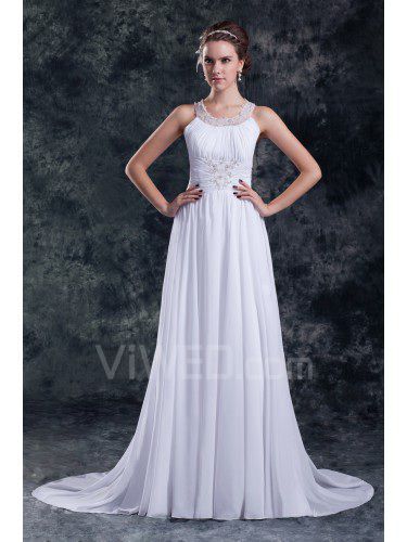 Chiffon Jewel Sweep Train Column Embroidered Wedding Dress