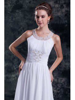 Chiffon Jewel Sweep Train Column Embroidered Wedding Dress