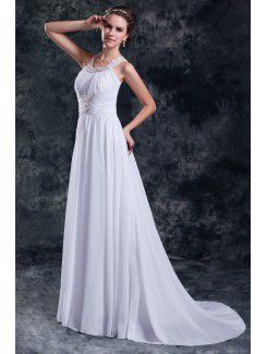 Chiffon Jewel Sweep Train Column Embroidered Wedding Dress