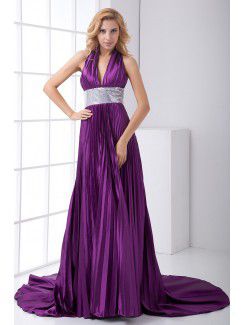 Satin V-Neckline Empire line Chapel Train Sequins and Sash Prom Dress